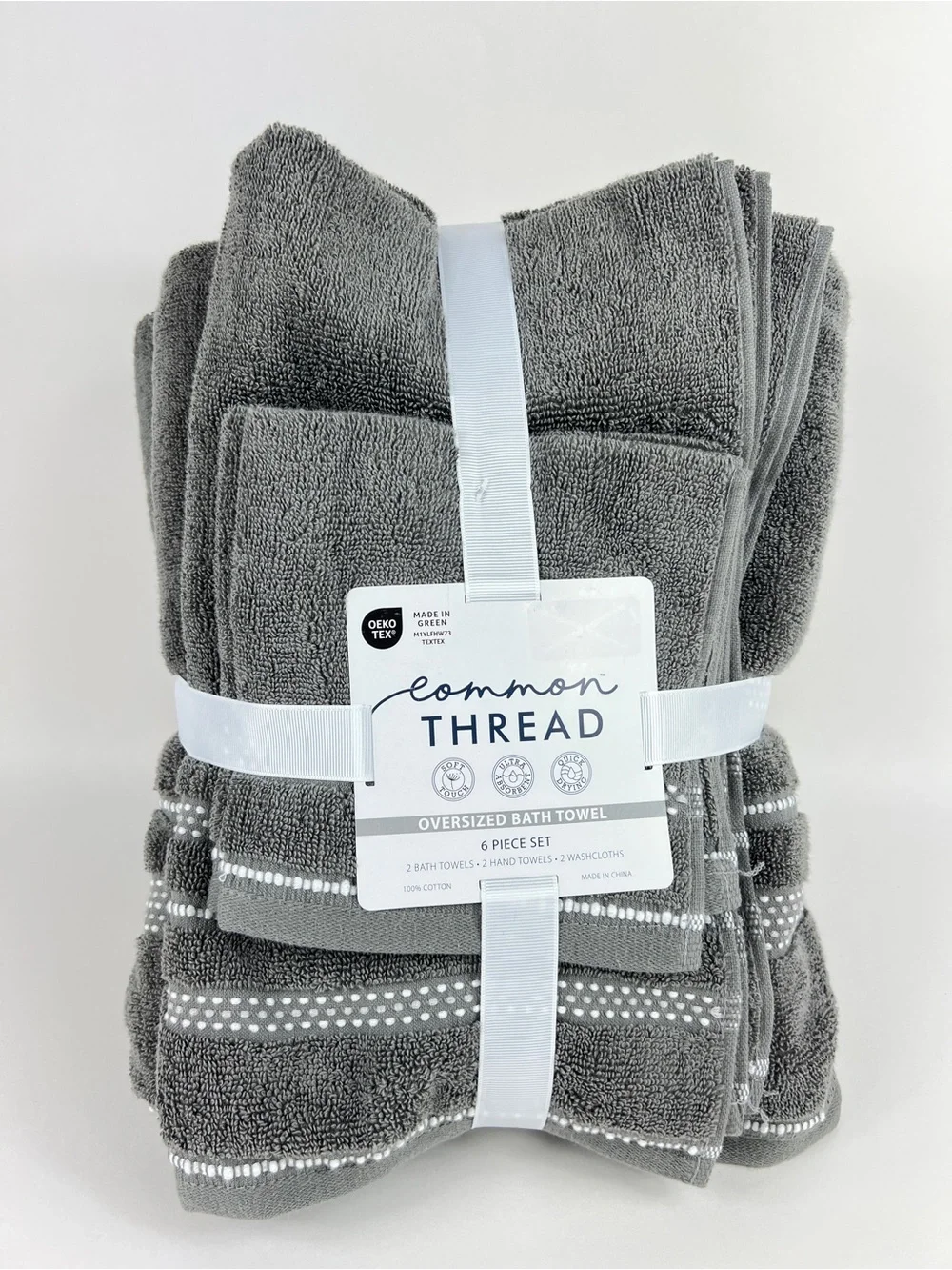 Common Thread Bath Towel Set Grey White Quick Dry Low Twist Cotton 6 Pc NEW